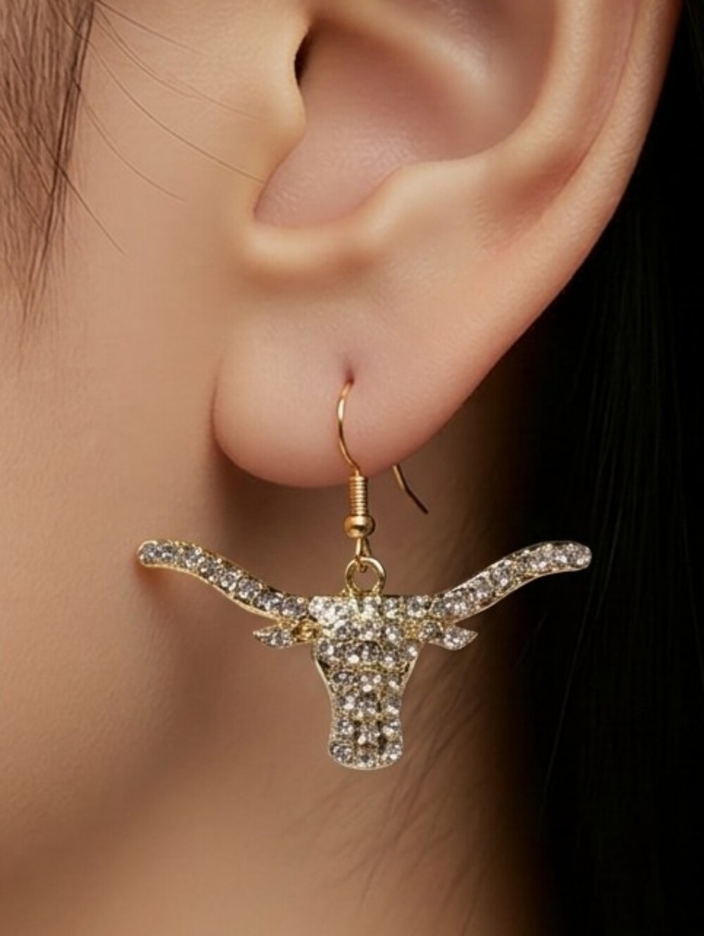 Texas Longhorn Rhinestone Earrings Gold Western Cowgirl Rodeo Bull Head Glam